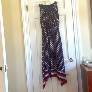 Apt. 9 Navy Blue and White Polka Dot Maxi Dress with Red Handkerchief Hem. NWT.